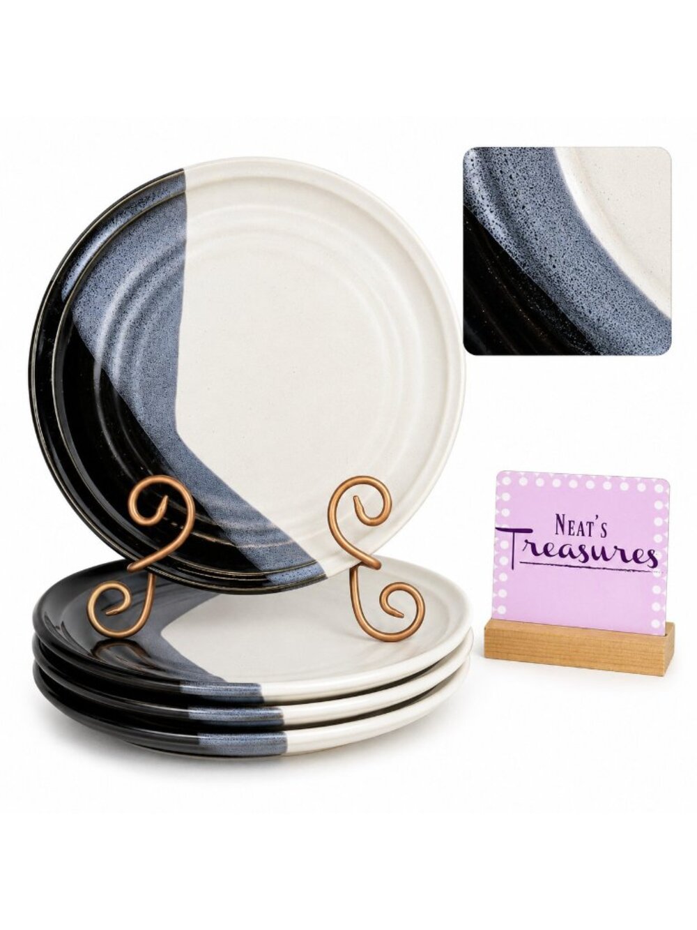 Noritake Stoneware DURANGO 8647 Black Blue Abstract Panels Dinner Plates Set 4